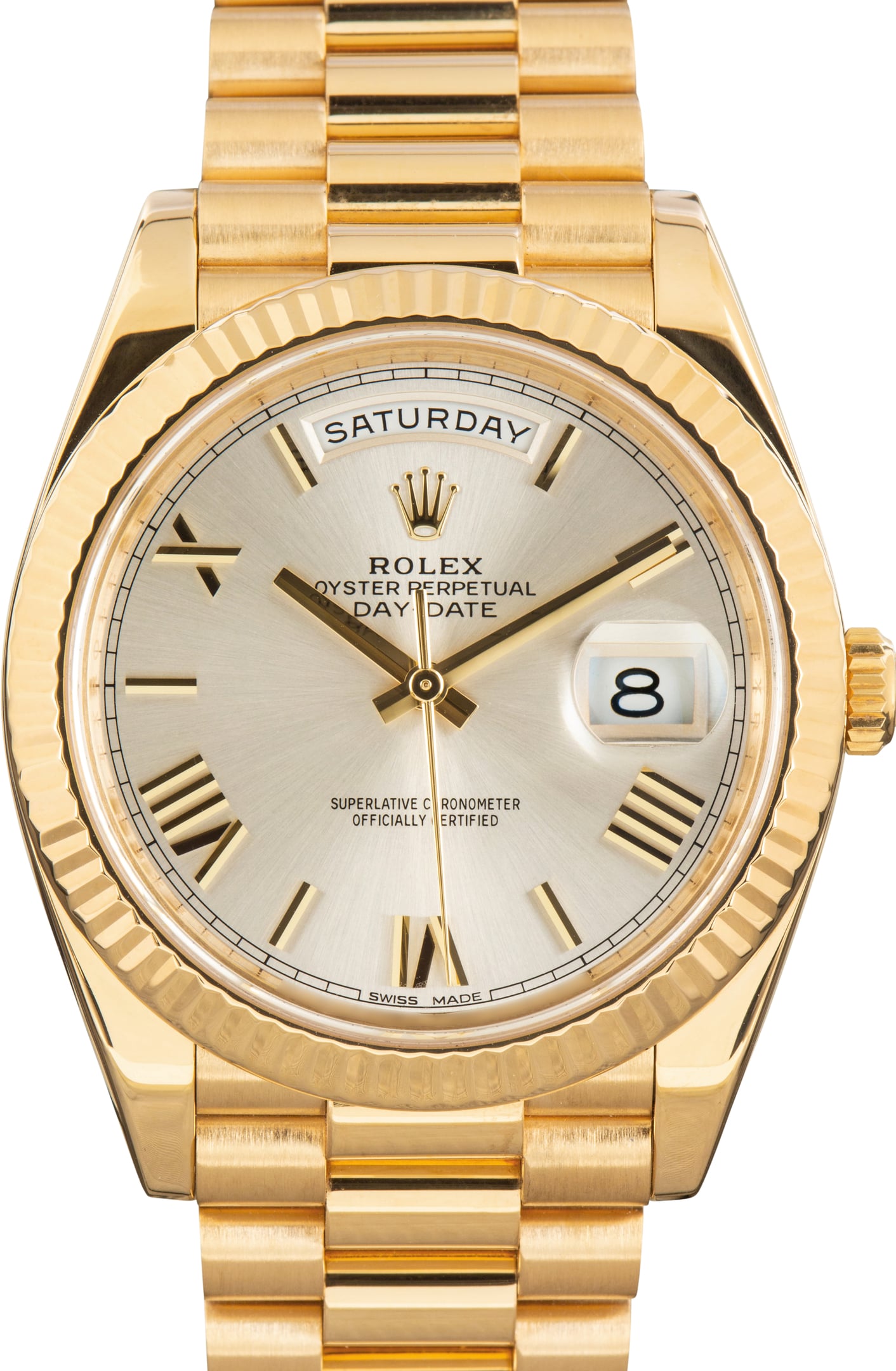 Pre-Owned Rolex Day-Date 40 Silver Roman Dial 228238 18k Yellow Gold