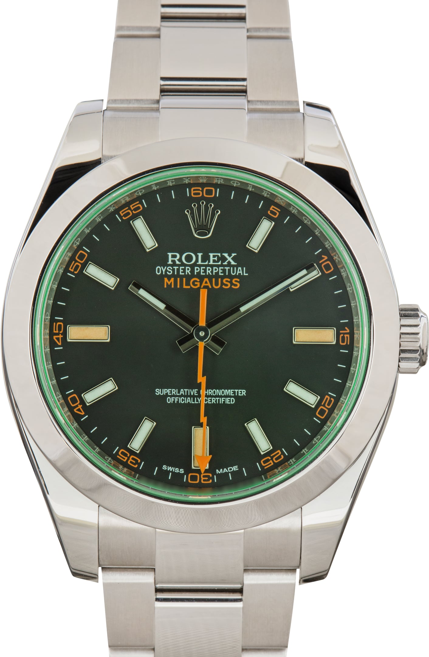 Pre-Owned Rolex Milgauss Green Crystal ref 116400V Black Dial